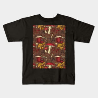Wild mushrooms on brown Kids T-Shirt